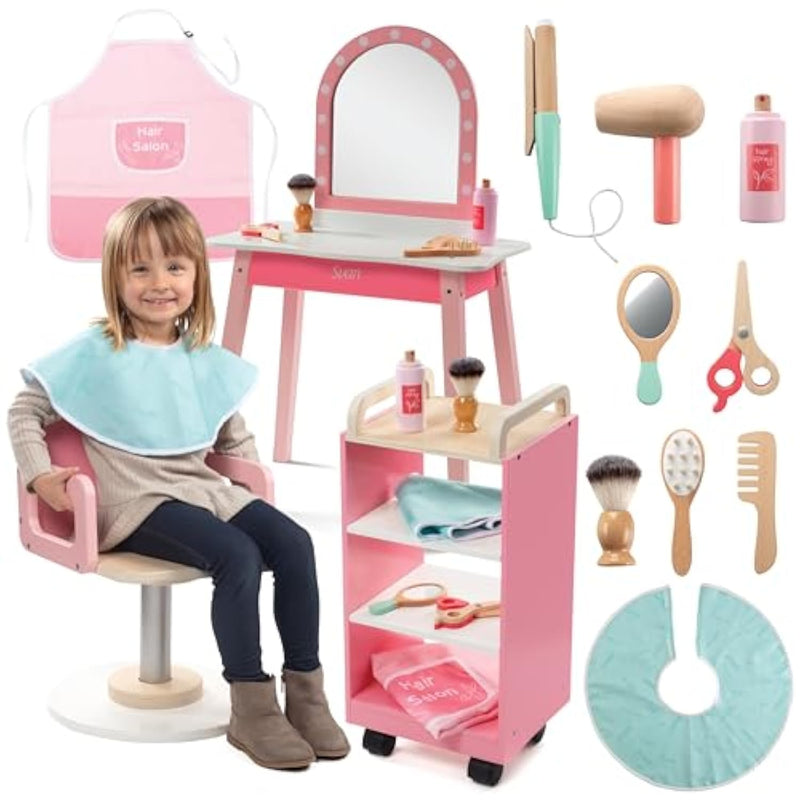 Pretend Hair Salon Wooden Play Set- Full Vanity Mirror with Chair & Rolling Cart- Playset Includes Blow Dryer, Brush, Styling, Cutting Tools- Girls Hair Dresser Stand, Stylist Fun, Xmas Gift for Kids