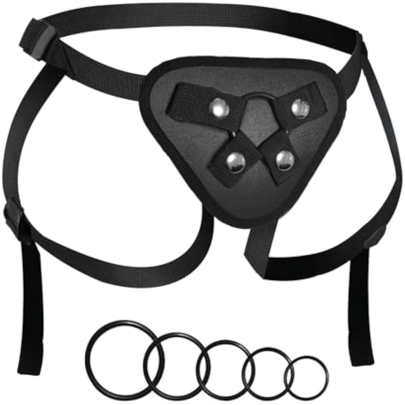 Adjustable Strap On Harness, Wearable Strapon Pegging Dildo Harness For Couples, Adult Sex Toy With 5 Different Sized O-Rings, Suitable For Almost Any Dildo, Fits Waist Up To 52 Inches