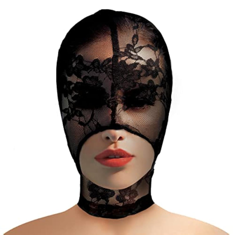 Lace Seduction Bondage Hood. Bdsm Mask And Sexy Fetish Fantasy Costume For Women, Men & Adult Couples. Machine Washable, Polyester, Black, One Size Fits Most