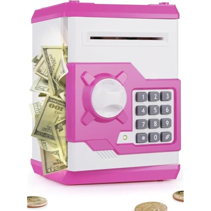 Piggy Bank For Girls Boys Large Electronic Money Coin Banks With Password Protection, Automatic Paper Money Scroll Saving Box, Great Gift For Kids (Pink-White)