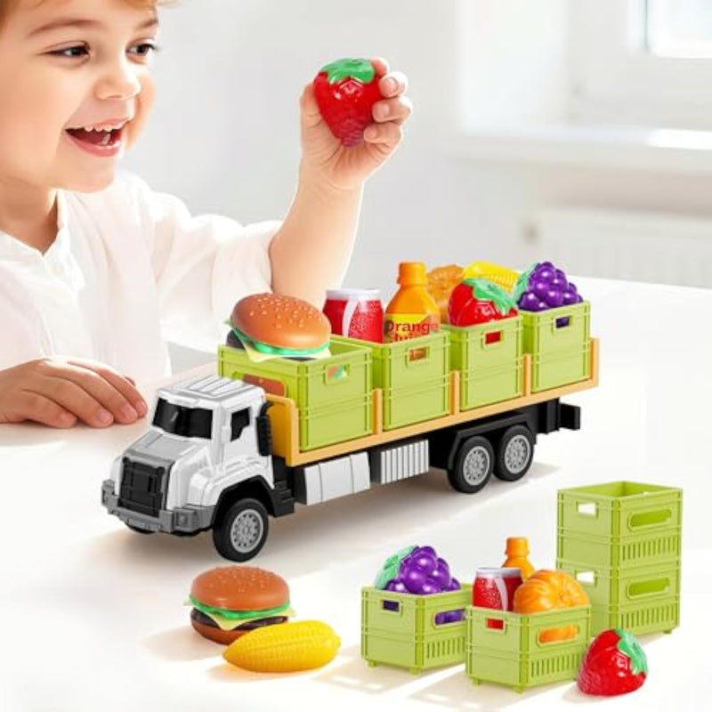 Kids Friction Food Transport Truck Toys, Toddler Push Go Car Vehicle W/Storage Boxes & Foods, Alloy Head Cargo Carrier Play Trucks, Birthday Stocking Gift For 3 4 5 Year Old Boy Girl