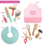 Pretend Hair Salon Wooden Play Set- Full Vanity Mirror with Chair & Rolling Cart- Playset Includes Blow Dryer, Brush, Styling, Cutting Tools- Girls Hair Dresser Stand, Stylist Fun, Xmas Gift for Kids