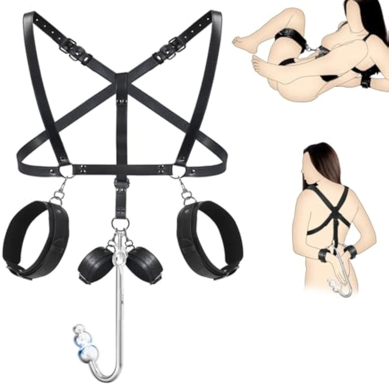 Vibrating Anal Hook Bdsm Sex Bondage Restraints Kit, Thigh Sling Chest Harness Behind Back Handcuffs, 3 Balls Anal Trainer With 9 Vibration Modes, Sm Fetish Unisex Sex Toys For Couples