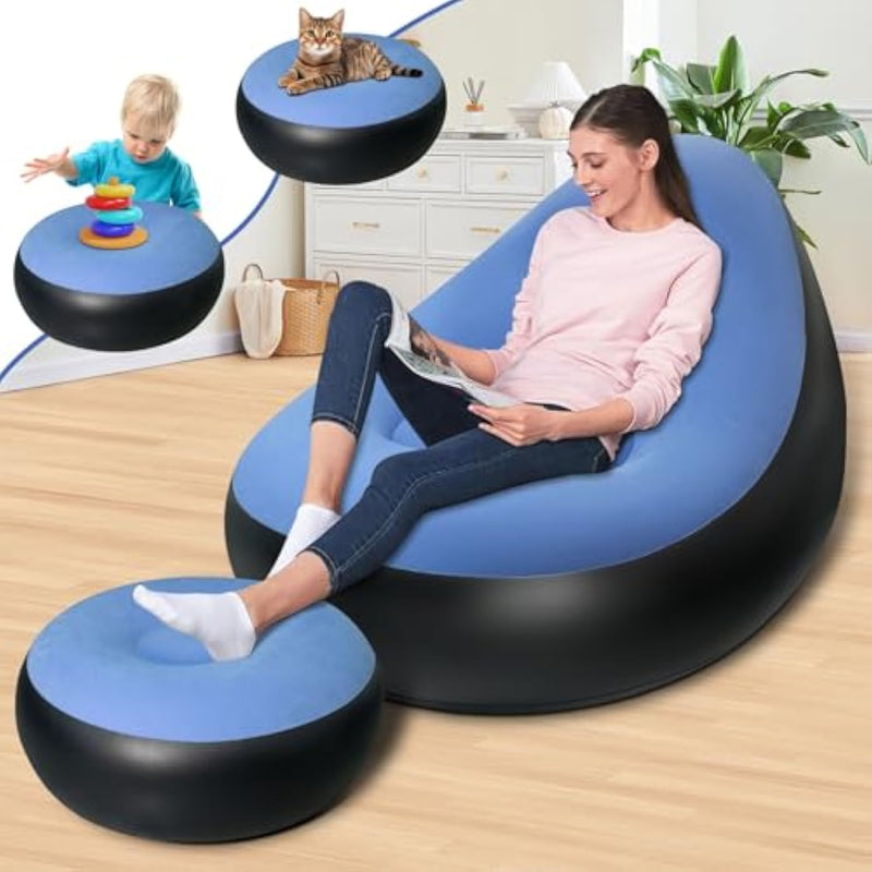 Inflatable Chair With Ottoman, Inflatable Couch For Adults With Flocked Surface, Comfortable Blow Up Air Chair, Waterproof Portable Air Sofa Inflatable Couch For Camping(Blue) (Without Pump)