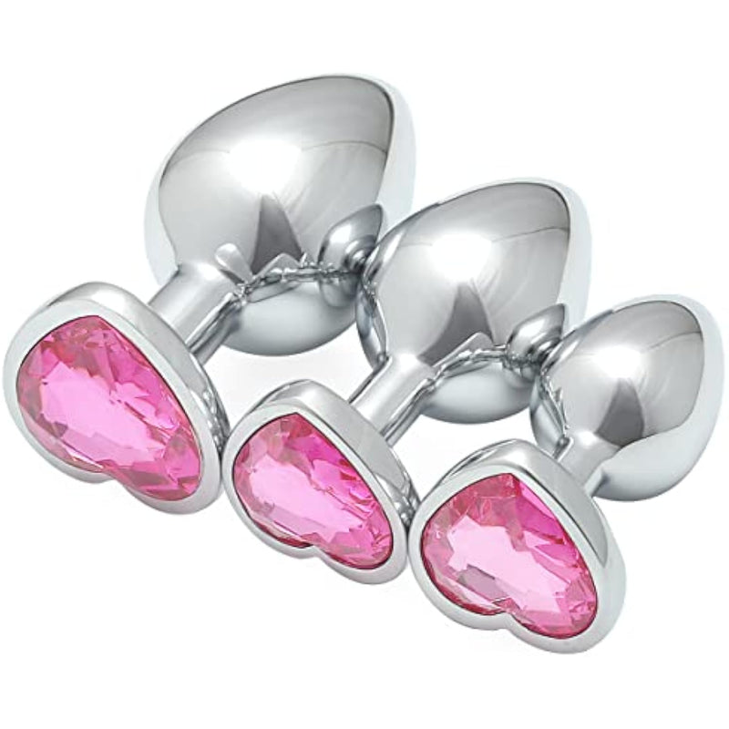 3 Pcs Luxury Jewelry Design Fetish Heart Metal Anal Butt Plug(Pink)