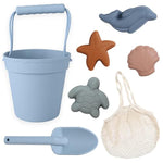 Modern Baby Sand Toys | Travel Friendly | Silicone Bucket, Shovel, 4 Molds, Beach Bag For Toddlers, Kids - Blue