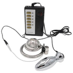 2 In 1 Electric Shock Anal Chastity Devices Set Penis Anal Exercise Chastity Cage With Anal Plug Combination Electric Shock Set Adult Sex Toy For Male Key And Lock Included