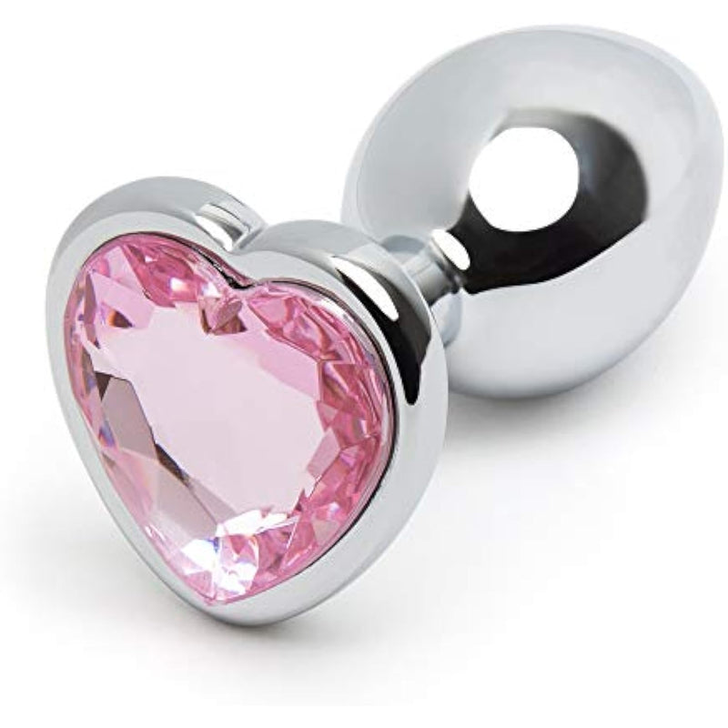 Jewelled Pink Heart Shaped Butt Plug - 2.5 Inch Metal Anal Plug - Petite Smooth Tapered Tip - Waterproof