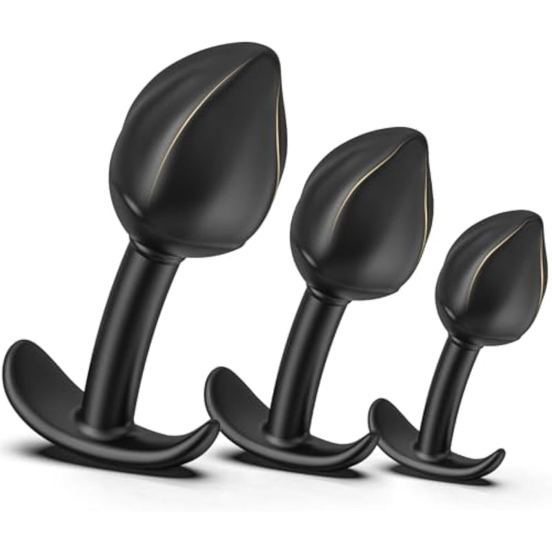Silicone Rose Bud Butt Plug Kit, Pack Of 3 Anal Plugs Training Set With Comfortable Long-Term Base Prostate Sex Toys For Beginners Or Advanced Users - Black