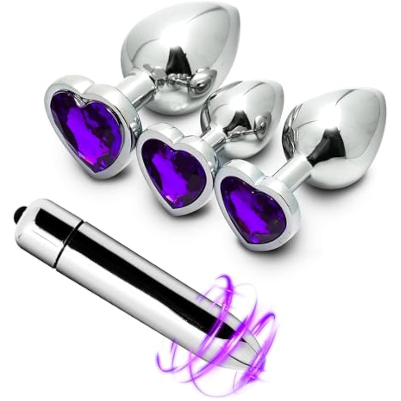 Anal Plug Trainer Set With Three Sizes Of Heart Shaped Purple Jeweled Handles, Stainless Steel Anel Butt Plugs For Men Women And Couples Sex Toys