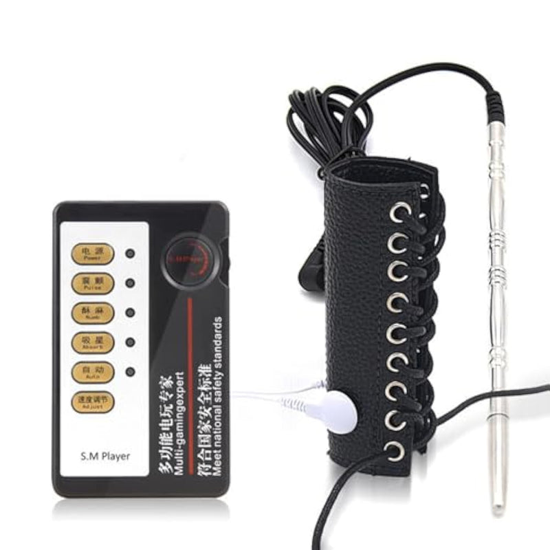 Male Bondage Leather Cock Ring Strap Adjustable Penis Ring Metal Horse Eye Rod Urethral Plug Shock Set