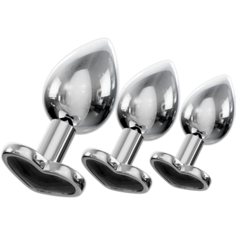 Jewelled Butt Plugs By Stainless Smooth Metal Anal Plug Adult Sex Toys Velvet Bags 3 Size Pack (Heart Black)