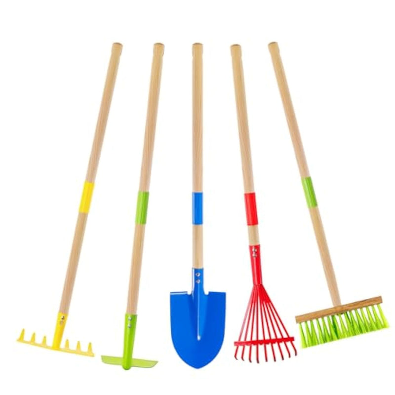 Kids Garden Tool Set: Safe Toddler Size Hoe, Rake, Shovel, Leaf Rake, Broom 5-Piece Kids Gardening Tools With Wooden Handle And Metal Head For Child Christmas Outdoor Toys Gift For Boys Girls