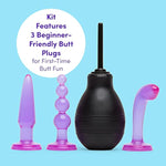 4 Piece Anal Toys Kit - With 3X 4 Inch Butt Plugs & Douche - With Flared Base & Waterproof - Purple