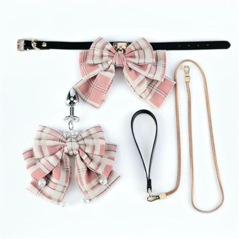 Anal Plug With Traction Sex Toys Bdsm Leather Choker Collar For Women Jeweled Butt Plug For Anal Dilation Training Restraints Set (4Cm)