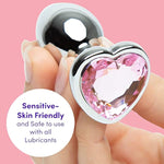 Jewelled Pink Heart Shaped Butt Plug - 2.5 Inch Metal Anal Plug - Petite Smooth Tapered Tip - Waterproof