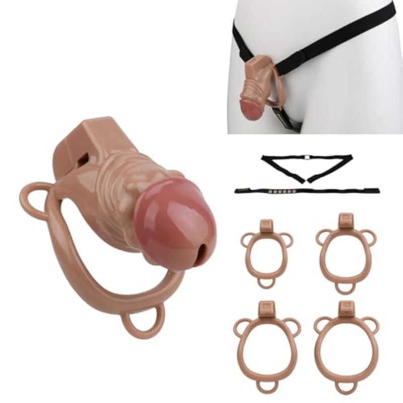 Hollow Penis Cage Set With 4 Rings, An Anti-Slip Belt And 2 Keys, Moulded Design Chastity Cage Lock Male Sex Toys Sm Slave Restraints & Bondage For Couples (M)