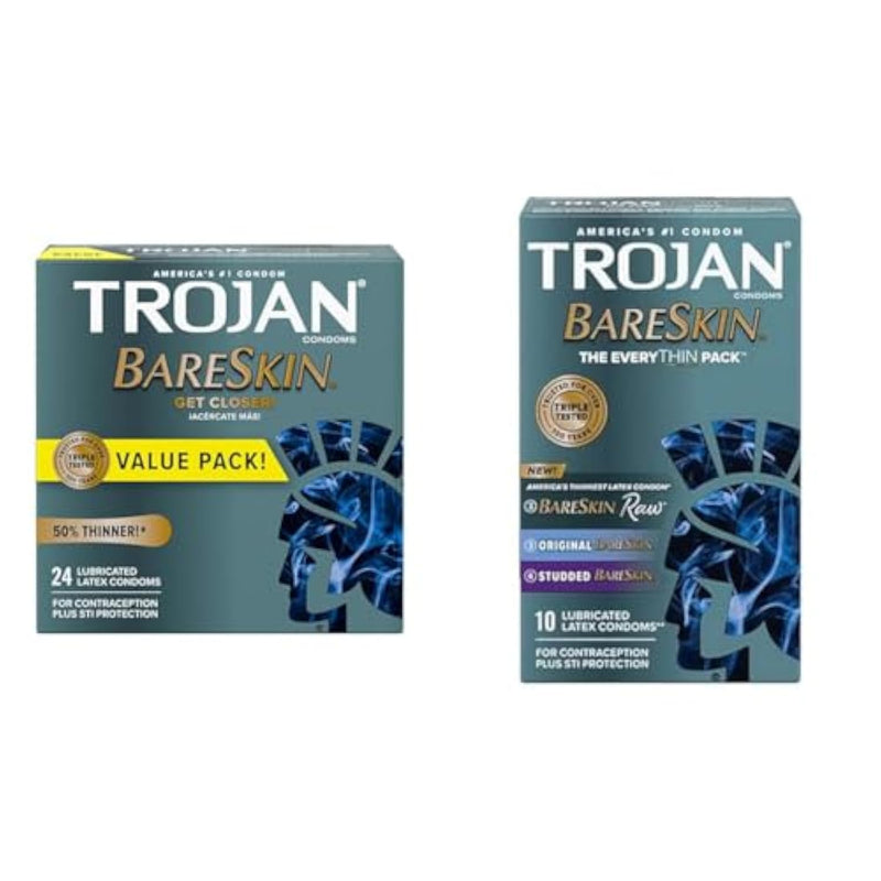 Trojan Bareskin Thin Premium Lubricated Condoms - 24 Count & Bareskin Condoms, Everythin Variety Pack, 10 Count