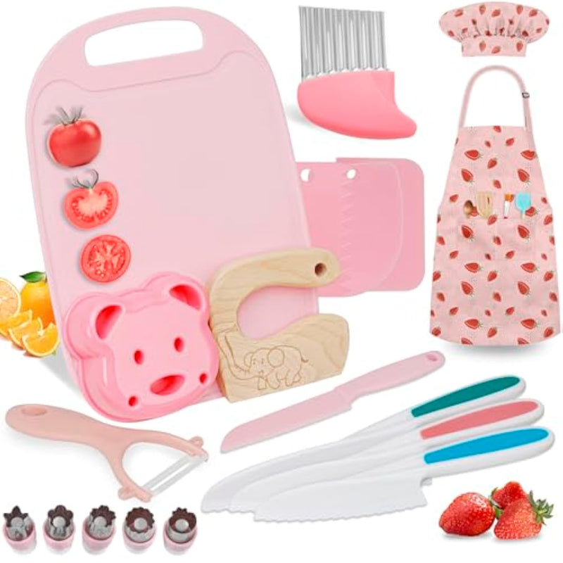 19Pcs Kids Cooking Sets Real With Kids Knife Set For Real Cooking, Kid Safe Knife Set For Real Cooking With Kids Cutting Board And Knife Set, Toddlers Kitchen Tools, Kids Chef Hat And Apron