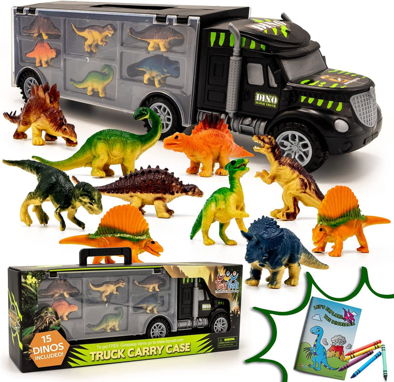 Dinosaur Toys For Kids 3-5 - Dinosaur Truck Carrier Toy With 15 Dinosaur -The Best Dinosaur Toys For Boys And Girls Ages 3,4,5, Years Old And Up + Bonus Dinosaur Book Incl