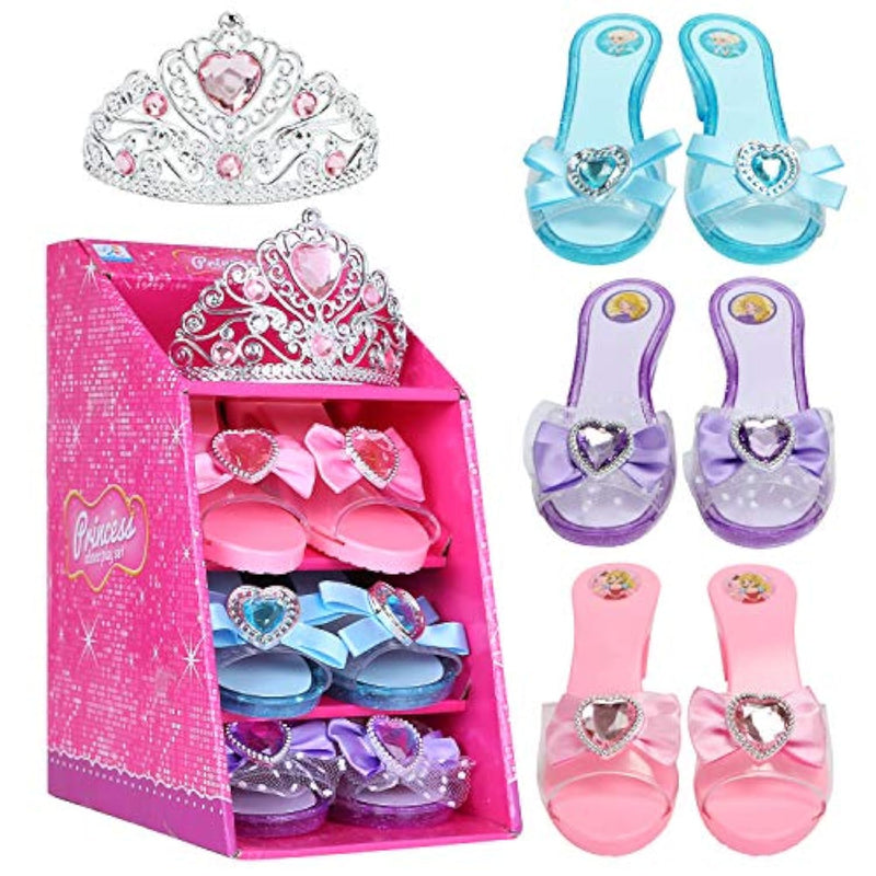 Girls Play Set! Princess Dress Up Shoes And Tiara (3 Pairs Of Shoes + 1 Tiara) Role Play Collection Fashion Princess Shoe For Little Girls