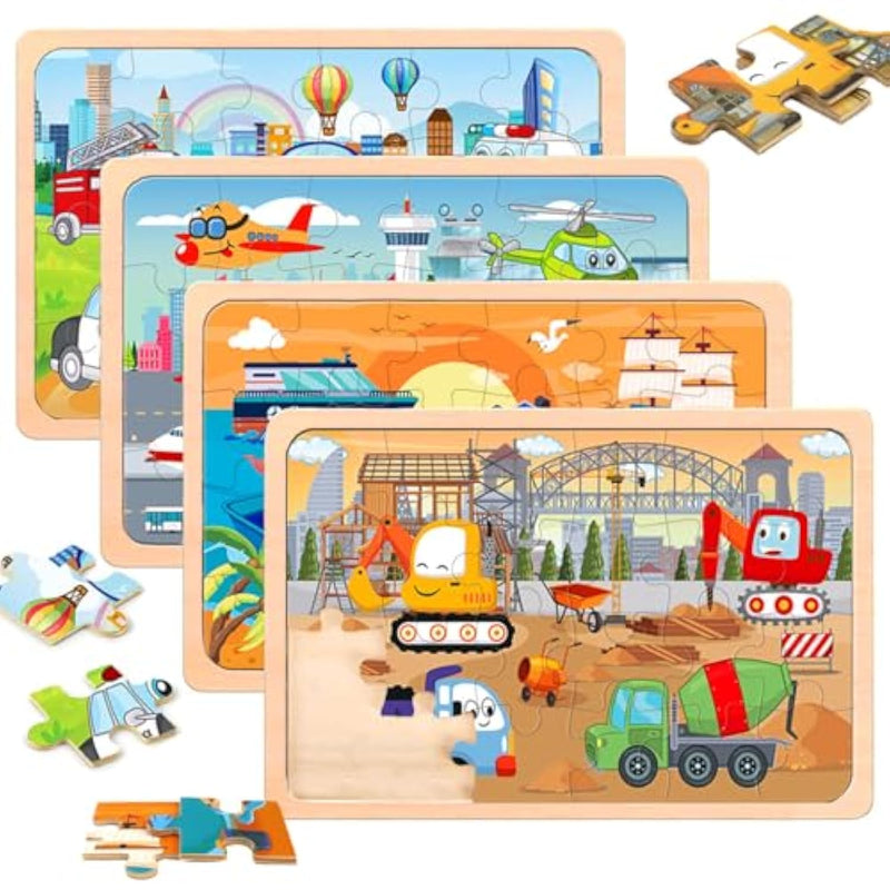 Puzzles For Kids Ages 4-6,24 Pieces Wooden Puzzles For Toddlers Ages 3-5 4-8 3 4 5 6 3-4 Year Olds.4 Pack Car Puzzle Set Children Jigsaw Puzzles For Boys And Girls Educational Learning Toys