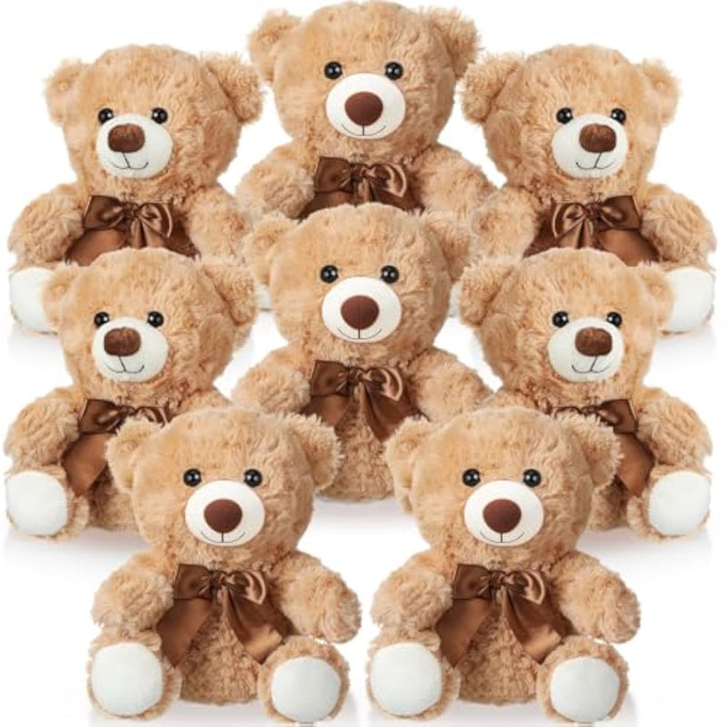 8 Pcs Christmas Bears Bulk 10'' Bear Stuffed Animal Baby Shower Decorations Small Stuffed Plush Toys Gifts For Girls Boys Kids Children School Classroom Party (Bow Tie,Light Brown)