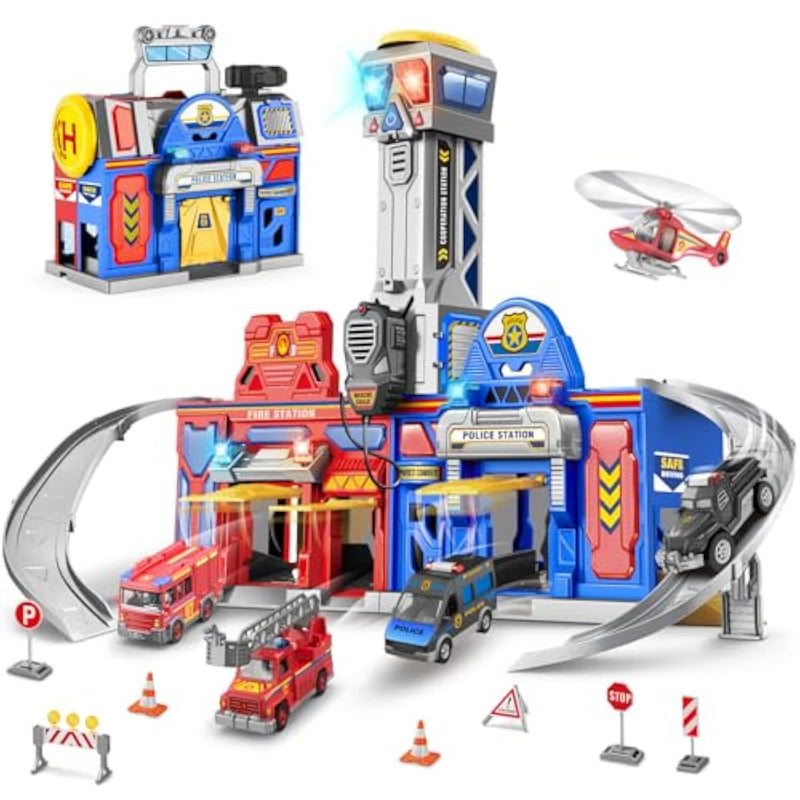 Boys Toys For 3 4 5 6 Years Old,Large City Action Playset Kit With Lights Sounds,Walkie-Talkie,Foldable Police & Fire Station Transform Track Toy With 4 Cars,Helicopter,7 Accessories