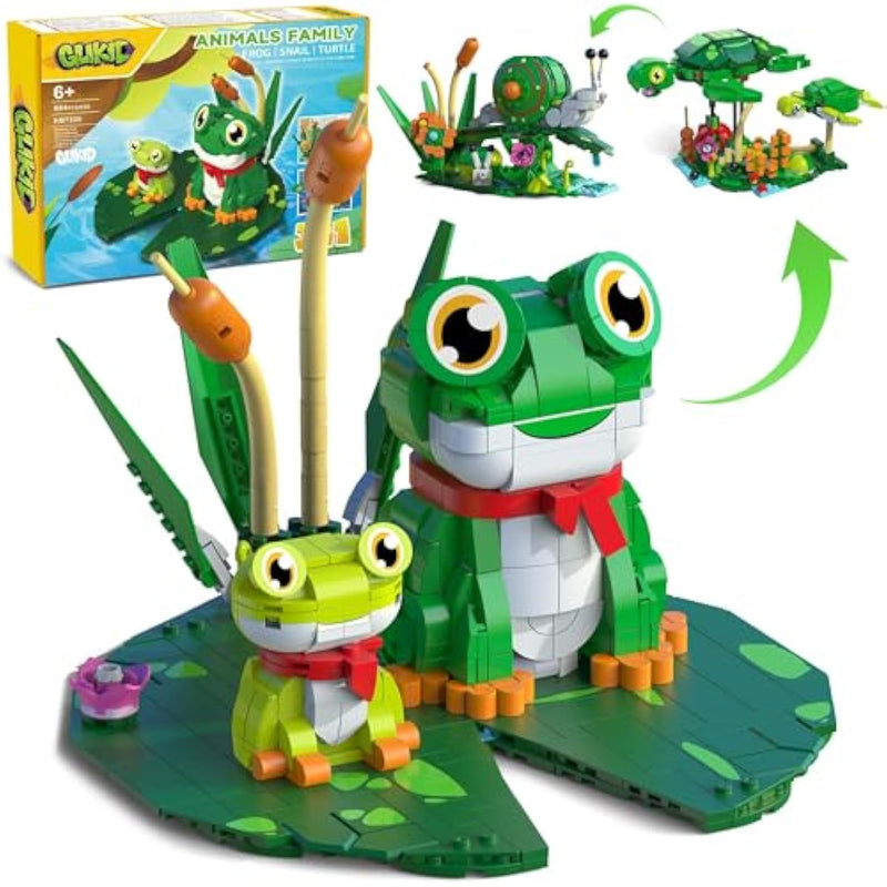 3 In 1 Animals Frog Family Building Set - Animal Figures With 3 Building Options, Create Frog, Turtle Or Snail Family - Educational Toy Birthday Gift For Girls And Boys Ages 6+