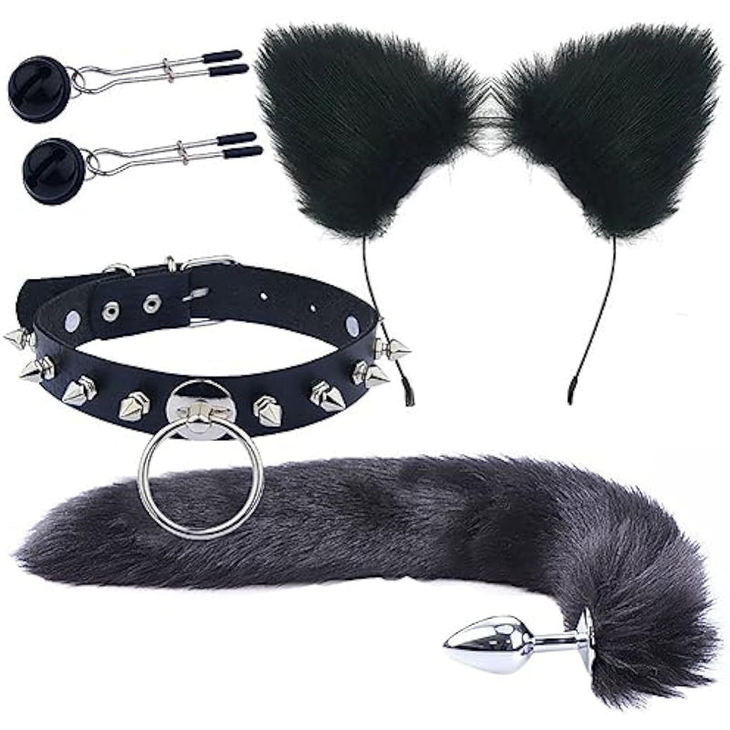 Fox Costume Set Animal Furry Ears Headband Plush Anal Plug Bunny Fox Tail Plug Furry Anal Plugs Choker Necklace Nipple Clip
