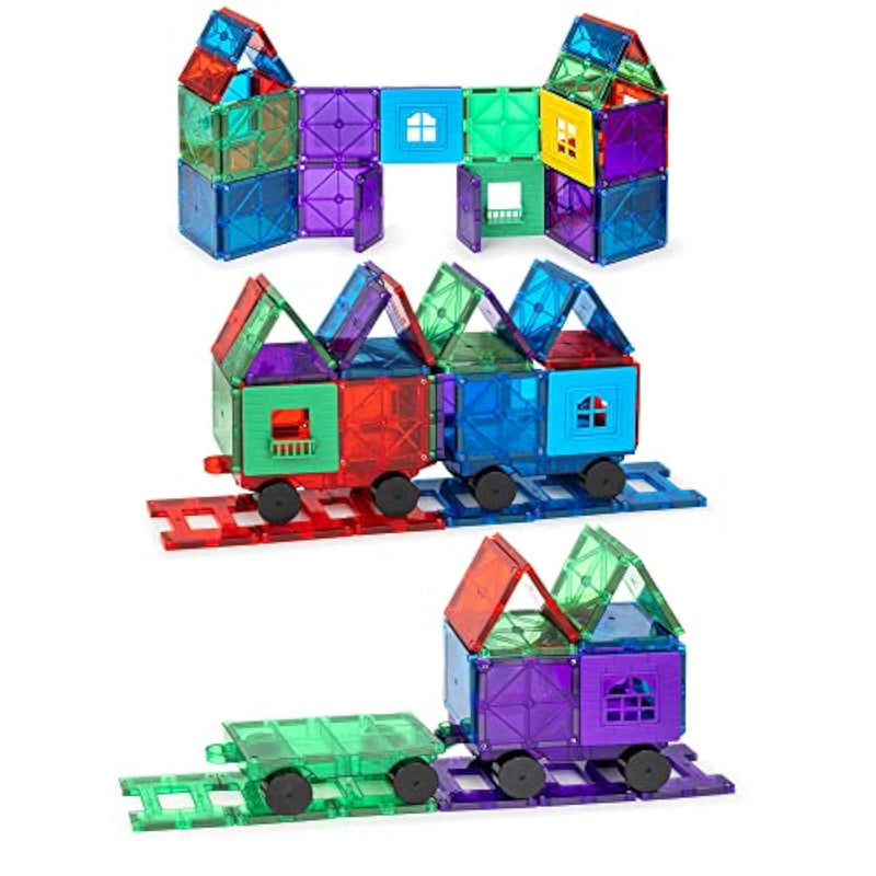 Magnetic Tiles Train Car Set For Kids - 55Pcs Magnet Building Blocks Accessory Set With 4 Cars - Durable Creative Stem Learning Toys For Boys, Girls & Toddlers