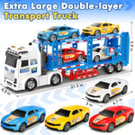 Toddler Boy Toys For 3 4 5 6 7 Years Kids, 21" Double Layer Race Truck Toy With 4 Racing Cars, Friction Powered Vehical Toys With Lights And Sounds, Birthday For Boy Girls-Blue