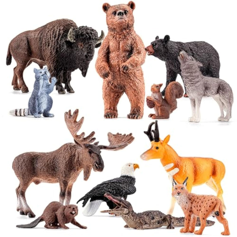 12Pcs Large North American Animal Figurines, Realistic Safari Woodland Jungle Animals Figures Toys Includes Crocodile,Wolf,Bear,Deer Cake Toppers Birthday Gift Party Favors Toys For Toddlers