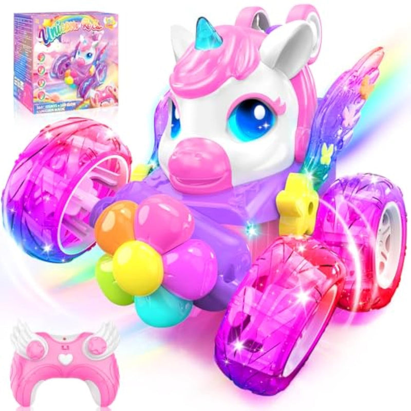 Unicorn Rc Cars For Girl Toys With Glowling Crystal Wings &Eyes Lights,360°Rotation Remote Control Car Unicorn Stunt Car,Indoor Outdoor Toys Stocking Stuffers Gifts For 3 4 5 6 7 8 9+Year Old Girls