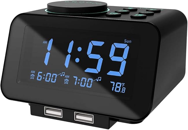 Digital Dual Alarm Clock Radio - 0-100% Dimmer with Weekday/Weekend Mode, 6 Sounds Adjustable Volume, FM Radio w/Sleep Timer, Snooze, 2 USB Charging Ports, Thermometer, Battery Backup