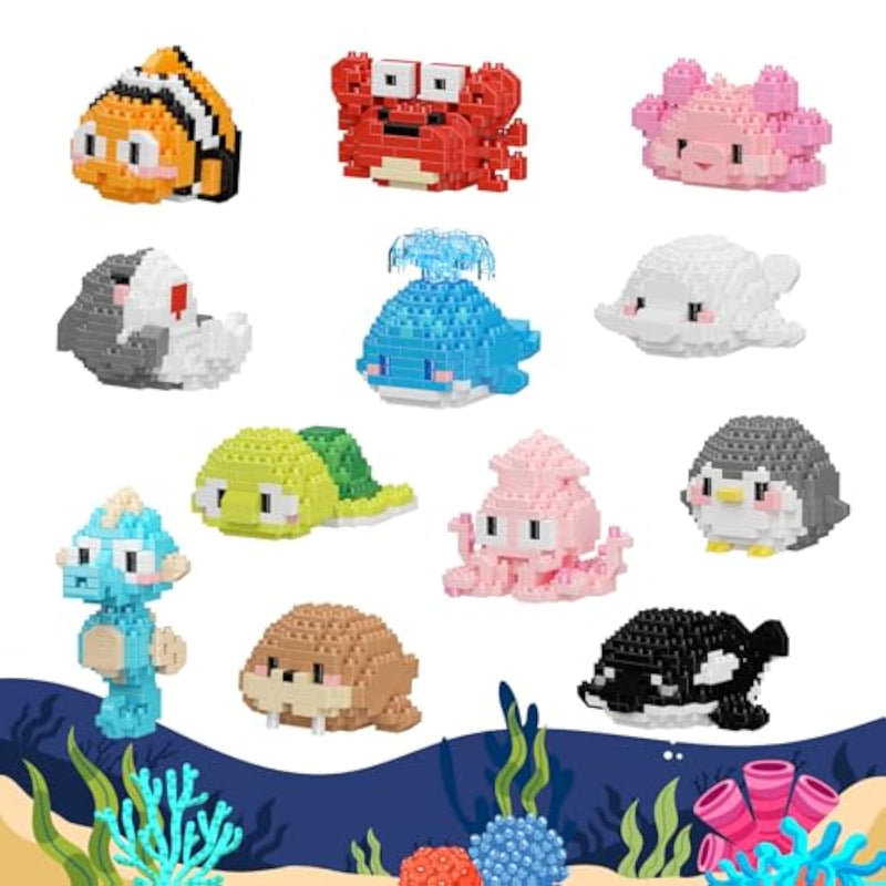 12 Pack Cute Ocean Sea Animal Mini Building Blocks Sets, 2642 Pcs Micro Mini Building Bricks Toy For Adults, Party Favors For Kids Boys Girls 12-14