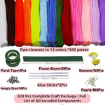 500 Piece Pipe Cleaners Flower Craft Kit, 13 Colors, 12 in x 7mm
