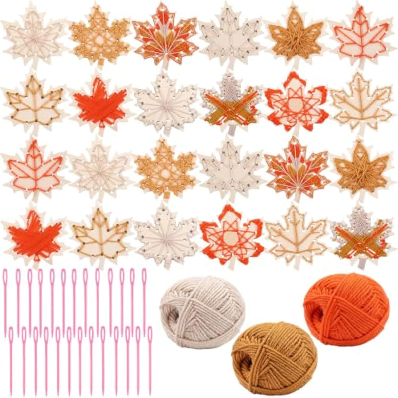 24 Set Fall Maple Leaf String Art Craft Kit with Yarn & Weaving Tools for Kids