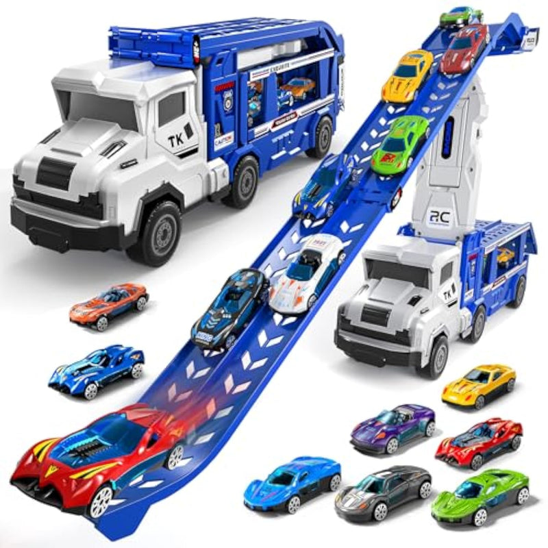 Transport Truck Toys For 3 4 5 6 7 Years Old Boys,Toys Cars Track Set Transporter Trucks With 12 Die-Cast Car Toys 2 Race Catapults Dual-Track Model,Toddler Car Toy Set For Kids Boys Girls