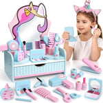 Wooden Makeup Vanity Set For Girls, Unicorn Pretend Play Kids Table Toys With Mirror, Drawer, Hair Salon Set & Makeup Accessories, Gift About Princess Dress Up For Toddlers Aged 3, 4, 5-8