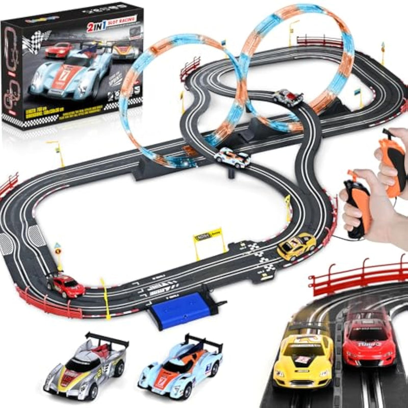 Boy Toys Gifts For 6 7 8-12 Years Old, Slot Car Race Track Sets With 4 Slot Cars, Battery Or Electric Car Track With Flash Light, Dual Racing Game Lap Counter Circular Overpass Track Gifts For Kids