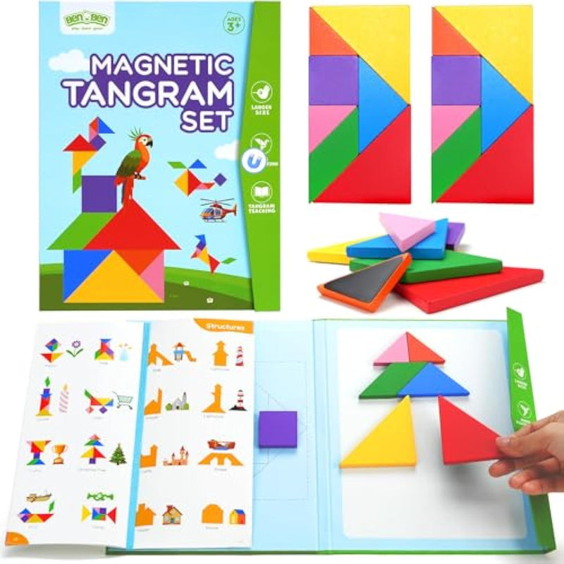 Travel Tangram Puzzle With 2 Sets Magnetic Wooden Shapes, Extra Large Dual-Sided Magnet Surface, Color Pattern Iq Book?Road Trip Car Plane Game?Educational Stem Travel Toys For Kids Adults