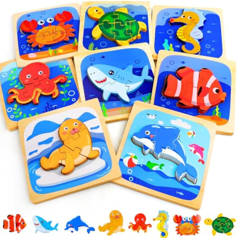 Wooden Puzzles For Toddlers 2-4, Sea Animals Puzzles For Toddlers 1-3, Wood Puzzles Educational Montessori Toys Gifts For 1 2 3 Year Old, Baby Kids Learning Toy
