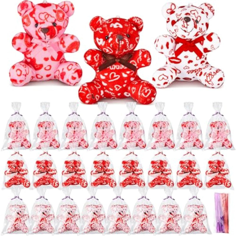 24 Pcs Valentines Day Plush Bear With Gift Bag Mini Stuffed Bears With Heart Pattern Mini Stuffed Animal For Valentine'S Day Gifts Birthday School Graduation Party Favor, 4 Inch, Red Pink White