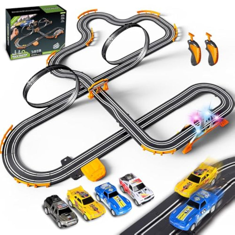 Slot Car Race Track For Kids With 4 Slot Cars, Dual Racing Electric Car Tracks Game Featuring Flash Bridge And Pendulum Toys Gifts For Boys Girls Age 6 7 8 Years Old