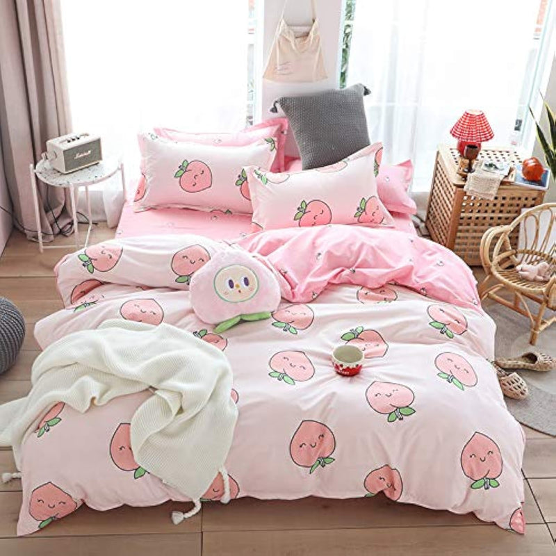 Cartoon Duvet Cover Set Twin Pink Peach Bedding Set Kid Kawaii Bedding Set Gir