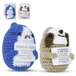 2 Pcs Handmade Postive Crochet Animal Gift With Emotional Cards, Mini Knitted Dolls For Any Festival Occasion, Home Office Desk Decor, For Friends, Coworkers, Loved Ones (Sloth+Shark)