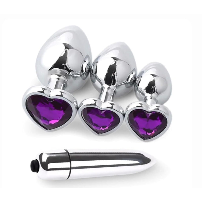 Anal Plug Trainer Set With Three Sizes Of Heart Shape (Dark Purple) Jewel Handles Stainless Steel Butt Plugs With Bullet Vibrator, Anal Sex Toys For Men Women Couples