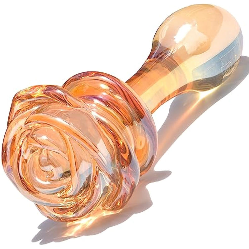 Glass Anal Plug Butt Plug Prostate Massager With Long Neck Rose Round Base And Gradual Head Fetish Bum Plug Anal Dilator Masturbation Sex Toy For Women Men, 5.35 X 1.37 Inch Golden