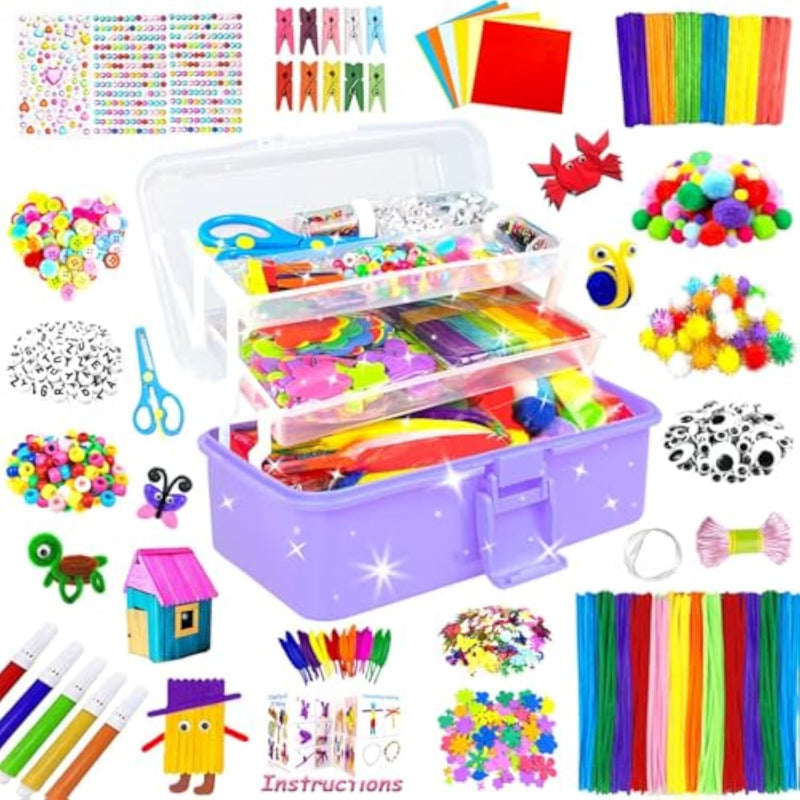 3000 Piece Kids Arts and Crafts Supplies Kit in 3 Layered Craft Box with Pipe Cleaners and More